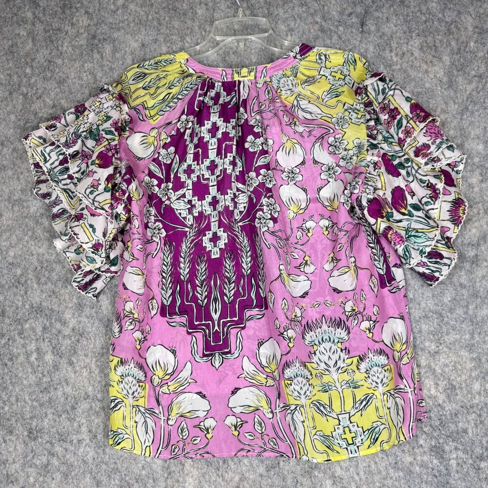 Mariacher PInk Luli Blouse 100% Silk Floral Short Sleeve Ruffled V Neck Sz M - Picture 10 of 13